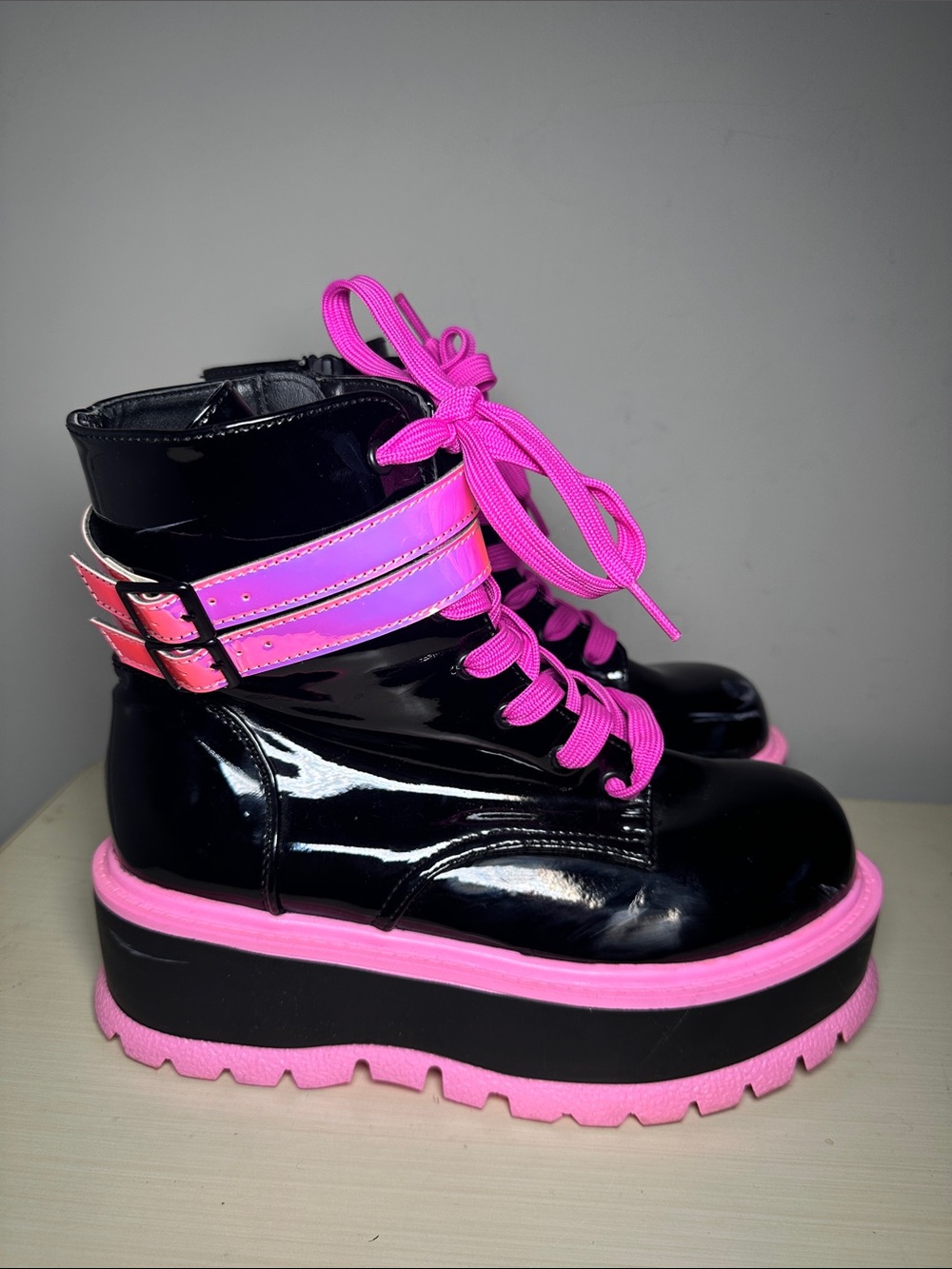 Demonia Slacker-52 Black Patent Platform Boot with Hot Pink Accents